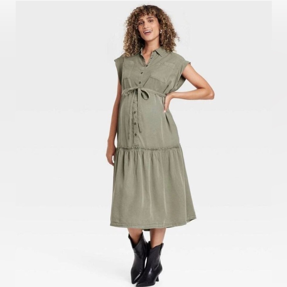 Isabel Maternity Green Short Sleeve Button-Front Belted Maternity Dress XS VGUC
